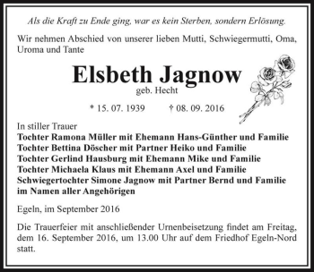 Traueranzeige von Elsbeth Jagnow (geb. Hecht)  von Magdeburger Volksstimme