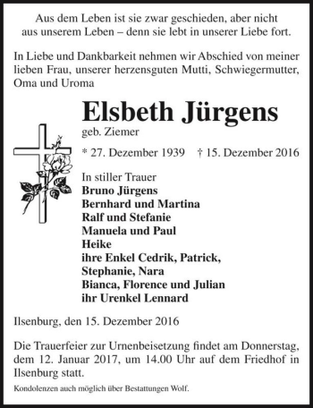 Traueranzeige von Elsbeth Jürgens (geb. Ziemer)  von Magdeburger Volksstimme