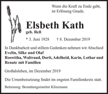 Traueranzeige von Elsbeth Kath (geb. Reß)  von Magdeburger Volksstimme