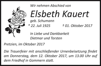Traueranzeige von Elsbeth Kauert (geb. Schumann)  von Magdeburger Volksstimme