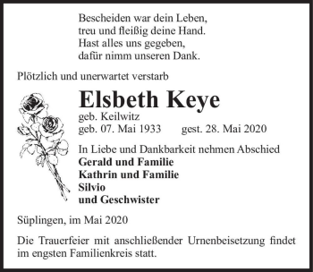 Traueranzeige von Elsbeth Keye (geb. Keilwitz)  von Magdeburger Volksstimme