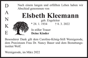 Traueranzeige von Elsbeth Kleemann (geb. Engeleiter)  von Magdeburger Volksstimme
