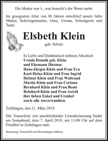 Traueranzeige von Elsbeth Klein (geb. Schulz)  von Magdeburger Volksstimme