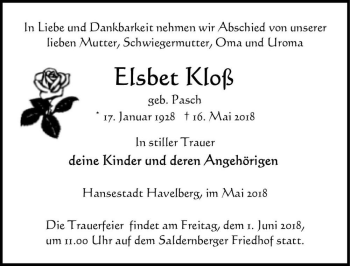 Traueranzeige von Elsbeth Kloß (geb. Pasch)  von Magdeburger Volksstimme