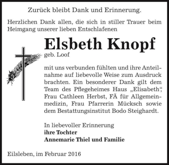 Traueranzeige von Elsbeth Knopf (geb. Loof)  von Magdeburger Volksstimme