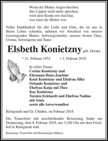 Traueranzeige von Elsbeth Konietzny (geb. Dreske)  von Magdeburger Volksstimme