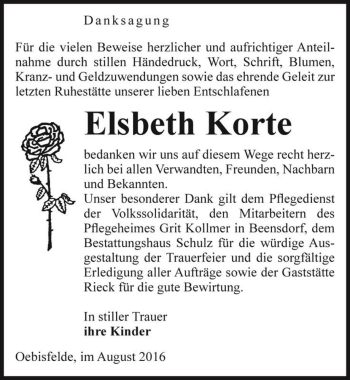 Traueranzeige von Elsbeth Korte  von Magdeburger Volksstimme