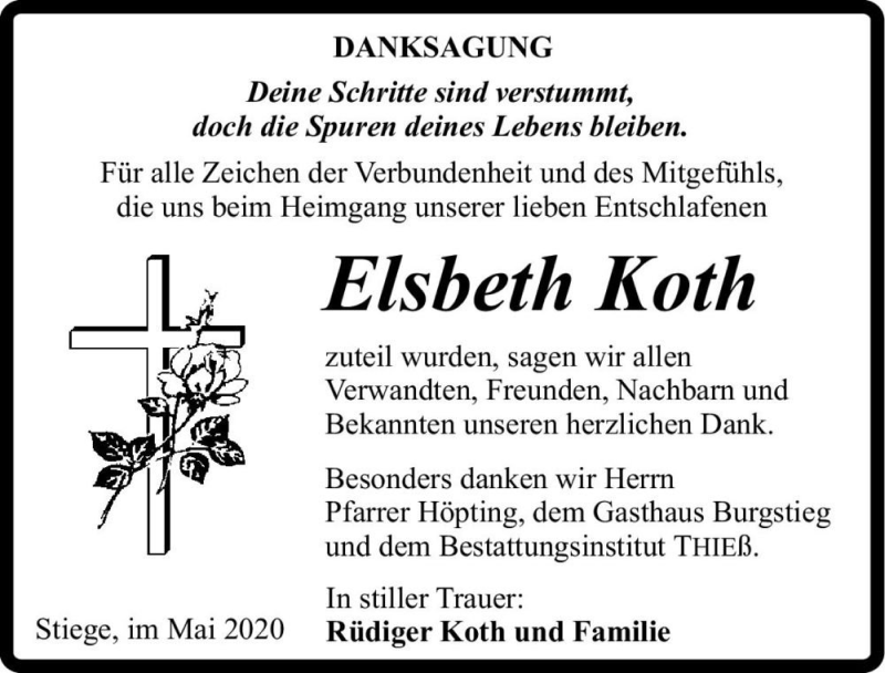  Traueranzeige für Elsbeth Koth  vom 30.05.2020 aus Magdeburger Volksstimme