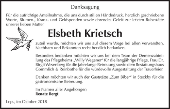 Traueranzeige von Elsbeth Krietsch  von Magdeburger Volksstimme