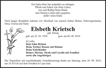 Traueranzeige von Elsbeth Krietsch (geb. König)  von Magdeburger Volksstimme