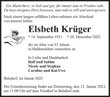Traueranzeige von Elsbeth Krüger  von Magdeburger Volksstimme