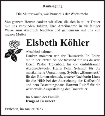 Traueranzeige von Elsbeth Köhler  von Magdeburger Volksstimme