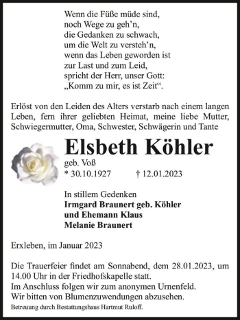 Traueranzeige von Elsbeth Köhler (geb. Voß)  von Magdeburger Volksstimme