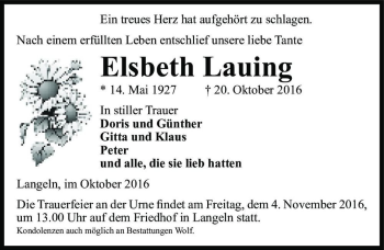 Traueranzeige von Elsbeth Lauing  von Magdeburger Volksstimme