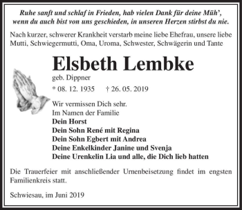Traueranzeige von Elsbeth Lembke (geb. Dippner)  von Magdeburger Volksstimme