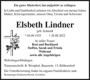 Traueranzeige von Elsbeth Lindner (geb. Schmidt)  von Magdeburger Volksstimme