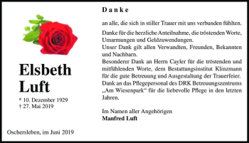 Traueranzeige von Elsbeth Luft  von Magdeburger Volksstimme