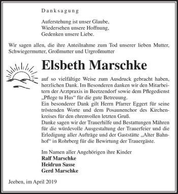 Traueranzeige von Elsbeth Marschke  von Magdeburger Volksstimme