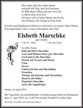Traueranzeige von Elsbeth Marschke (geb. Schulz)  von Magdeburger Volksstimme