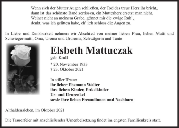 Traueranzeige von Elsbeth Mattuczak (geb. Krull)  von Magdeburger Volksstimme
