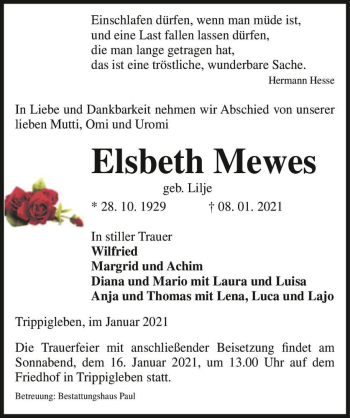 Traueranzeige von Elsbeth Mewes (geb. Lilje)  von Magdeburger Volksstimme