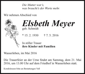Traueranzeige von Elsbeth Meyer (geb. Schmidt)  von Magdeburger Volksstimme