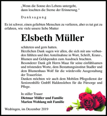 Traueranzeige von Elsbeth Müller  von Magdeburger Volksstimme