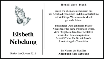 Traueranzeige von Elsbeth Nebelung  von Magdeburger Volksstimme
