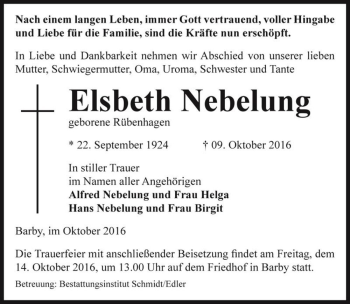 Traueranzeige von Elsbeth Nebelung (geb. Rübenhagen)  von Magdeburger Volksstimme