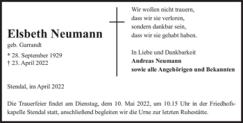 Traueranzeige von Elsbeth Neumann (geb. Garrandt)  von Magdeburger Volksstimme