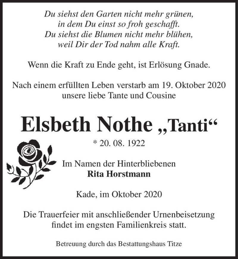  Traueranzeige für Elsbeth Nothe  vom 24.10.2020 aus Magdeburger Volksstimme