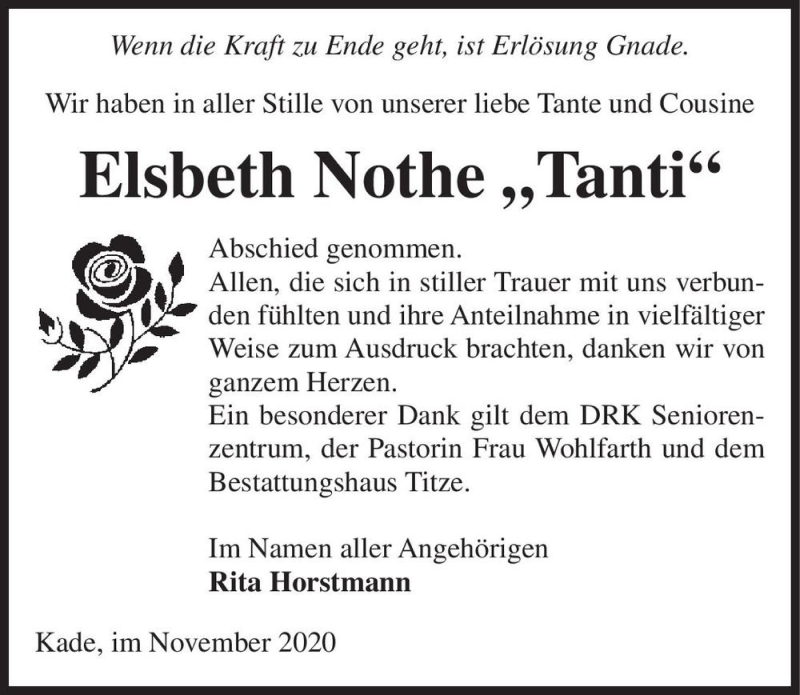  Traueranzeige für Elsbeth Nothe  vom 07.11.2020 aus Magdeburger Volksstimme
