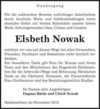 Traueranzeige von Elsbeth Nowak  von Magdeburger Volksstimme