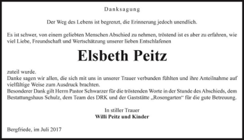 Traueranzeige von Elsbeth Peitz  von Magdeburger Volksstimme