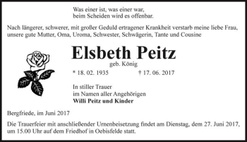 Traueranzeige von Elsbeth Peitz (geb. König)  von Magdeburger Volksstimme
