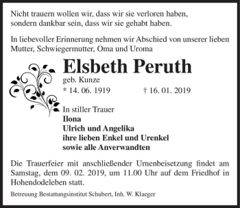 Traueranzeige von Elsbeth Peruth (geb. Kunze)  von Magdeburger Volksstimme