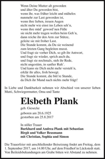 Traueranzeige von Elsbeth Plank (geb. Giesecke)  von Magdeburger Volksstimme