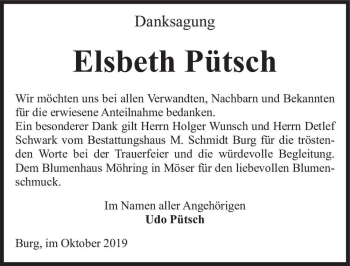 Traueranzeige von Elsbeth Pütsch  von Magdeburger Volksstimme