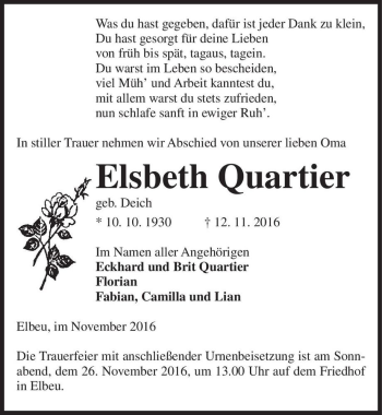Traueranzeige von Elsbeth Quartier (geb. Deich)  von Magdeburger Volksstimme