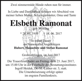 Traueranzeige von Elsbeth Ramonat (geb. Wehling)  von Magdeburger Volksstimme