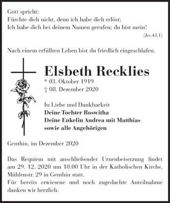Traueranzeige von Elsbeth Recklies  von Magdeburger Volksstimme