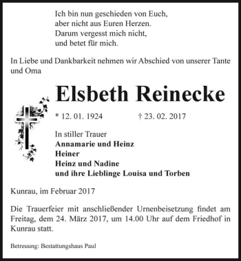 Traueranzeige von Elsbeth Reinecke  von Magdeburger Volksstimme