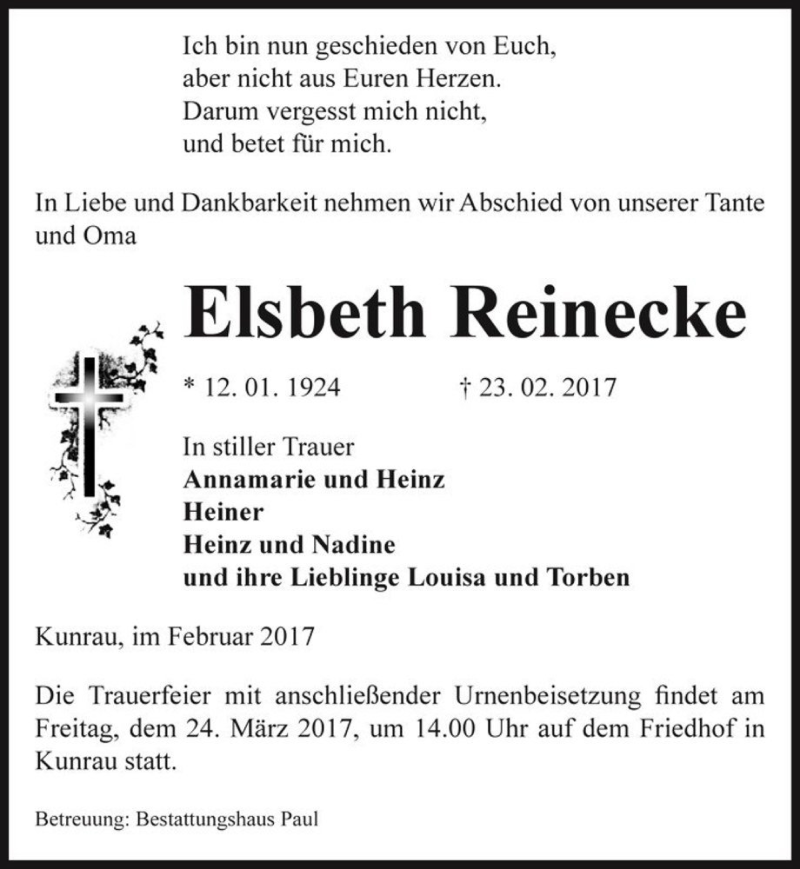  Traueranzeige für Elsbeth Reinecke  vom 28.02.2017 aus Magdeburger Volksstimme