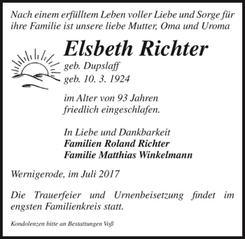 Traueranzeige von Elsbeth Richter (geb. Dupslaff)  von Magdeburger Volksstimme