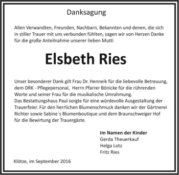 Traueranzeige von Elsbeth Ries  von Magdeburger Volksstimme