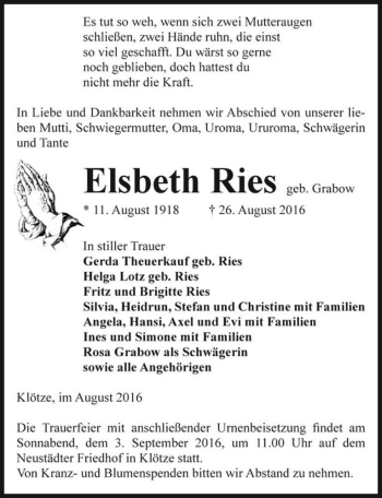 Traueranzeige von Elsbeth Ries (geb. Grabow)  von Magdeburger Volksstimme