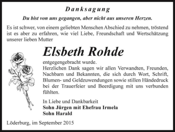 Traueranzeige von Elsbeth Rohde  von Magdeburger Volksstimme