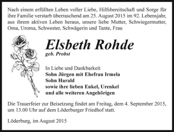 Traueranzeige von Elsbeth Rohde (geb. Probst)  von Magdeburger Volksstimme