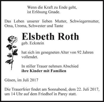 Traueranzeige von Elsbeth Roth (geb. Eckstein)  von Magdeburger Volksstimme