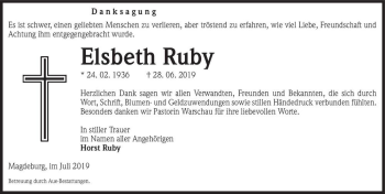 Traueranzeige von Elsbeth Ruby  von Magdeburger Volksstimme